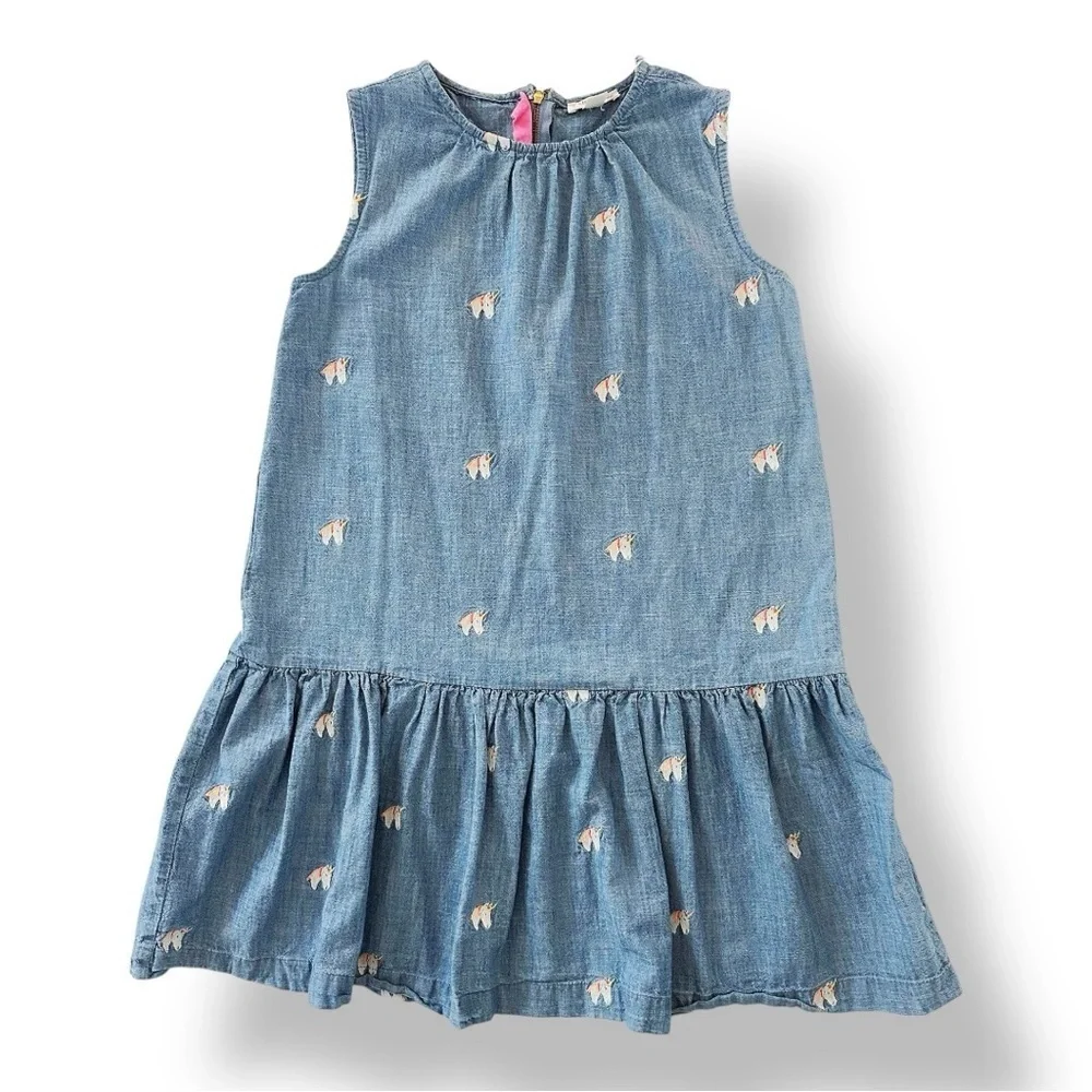 Crewcuts | Sleeveless Chambray Dress with Embroidered Unicorns (size 10)